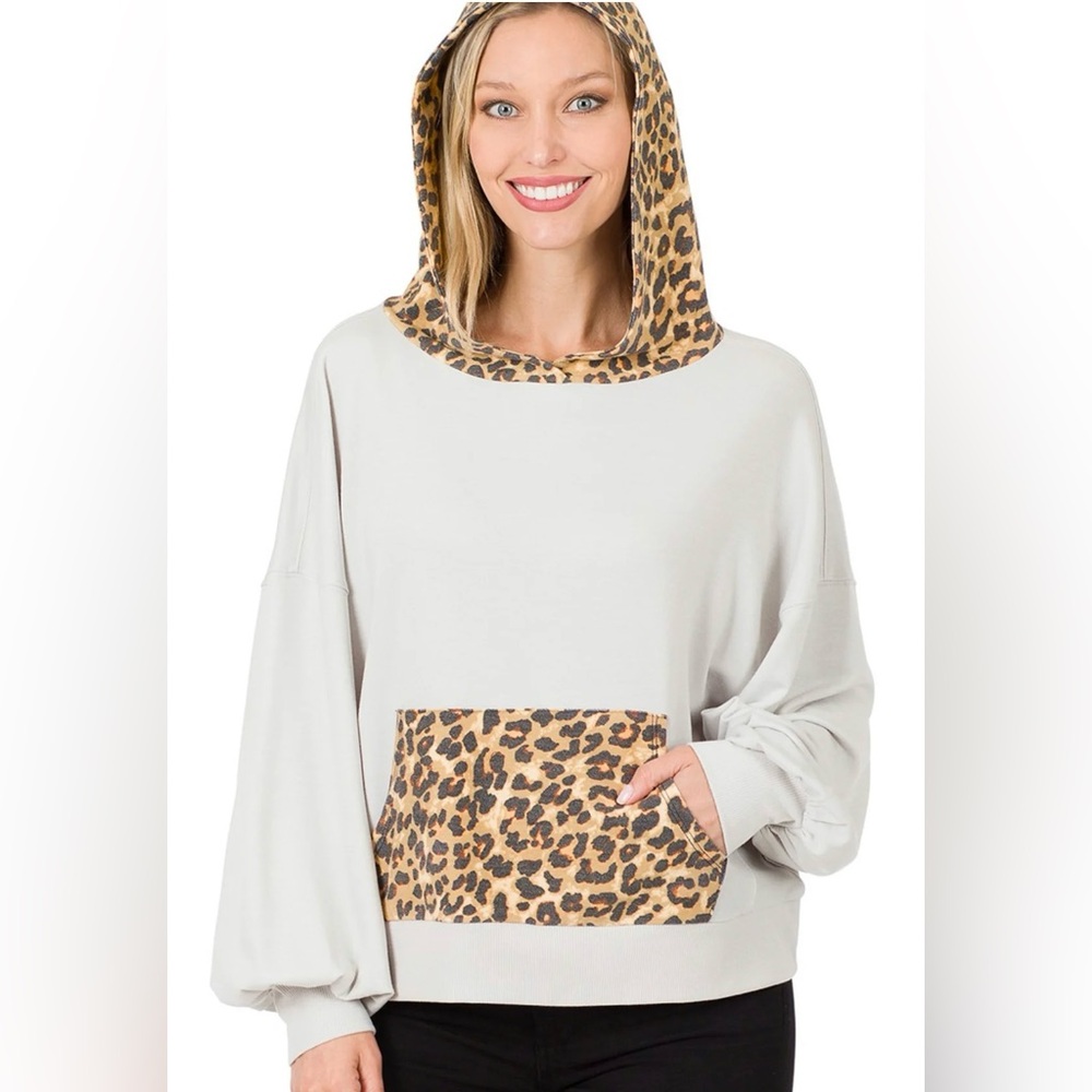 Zenana Cream Hoodie with Leopard Print Pocket Balloon Sleeves XL